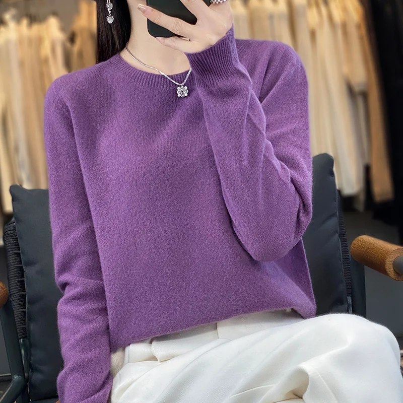 New Fashion Autumn And Winter Merino Wool Pullover Sweater Solid Color Long Sleeve Basic Thermal Top 100% Pure Wool SweaterWQ012