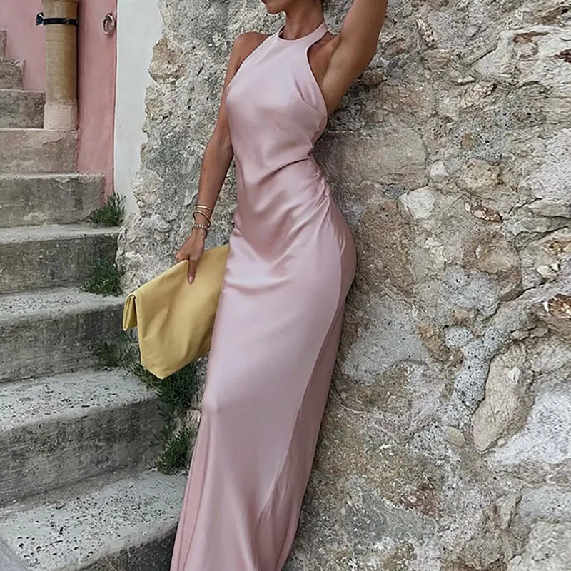 Seksowna sukienka na ramiączkach z odkrytymi plecami, gładka, idealna na wakacje, damska moda, bez rękawów, dopasowana, satynowa sukienka na imprezę, elegancka, sznurowana, z wycięciami, długa sukienka.