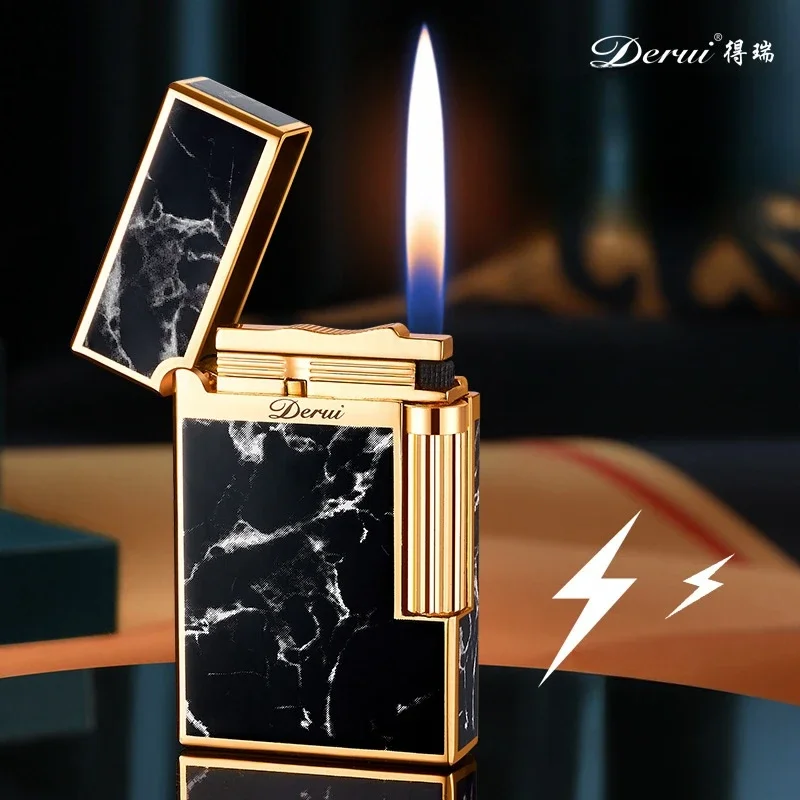 DERUI Metal Loud Voice Inflatable Lighter Sideslip Grinding Wheel Ignition High Grade Fashion Marble Pattern Gas Lighters Gadget