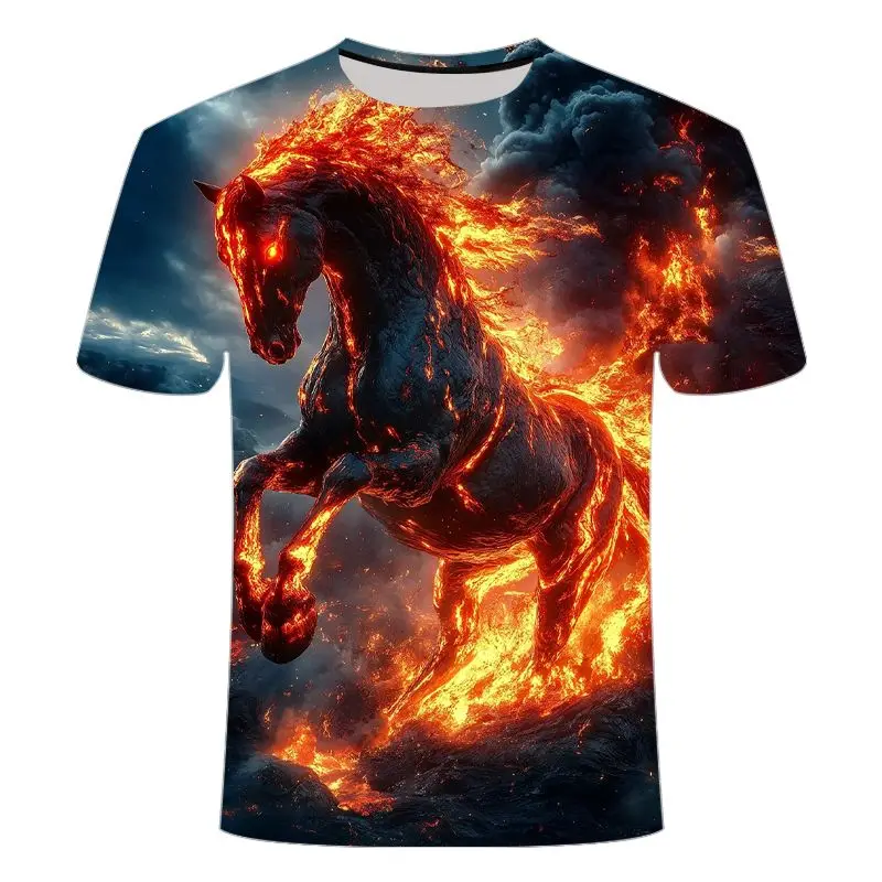 Summer Short Sleeve 3D Printed Flame Horse Pattern T-shirt Fashion versatile Trend Top T shirt Men Women's Shirts Kids Tshirt