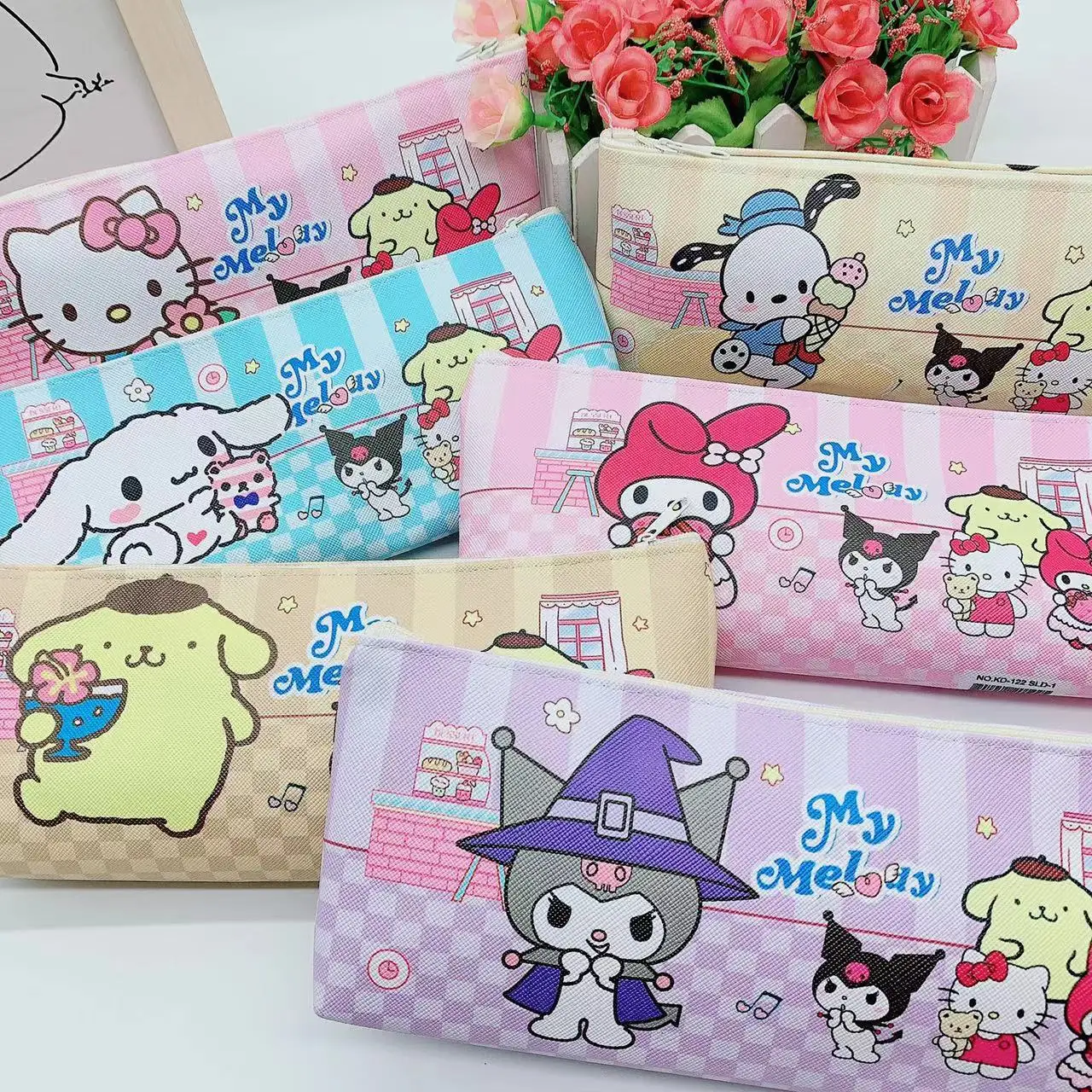 Anime Sanrio Pencil Case Kuromi Melody Cinnamoroll Pu Single-layer Stationery Bag Cute MakeUp Bag Gifts For Kids