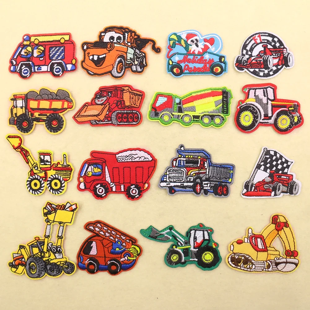 16PCS Cartoon Car Patches Excavator Truck DIY Patch Cute Embroidery Applique Iron on Clothing Accessories Kids Clothes Stickers