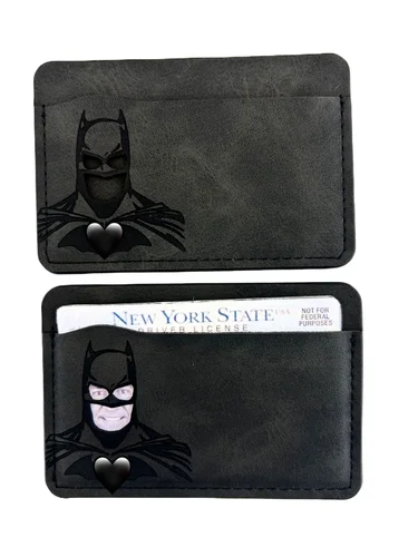 Cartera de cuero negro, tarjetero personalizado con máscara de superhéroe, cartera heroica de identificación de murciélago, regalo, tarjetero delgado de cuero para hombre, cartera