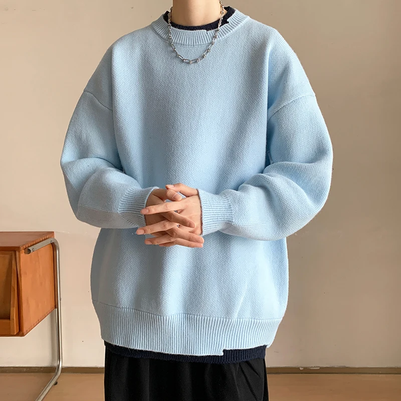 

Loose Round Neck Knitted Sweater Men Autumn Winter Streetwear Pullovers Solid Long Sleeve Casual Warm Youthful Pull On Knitwear