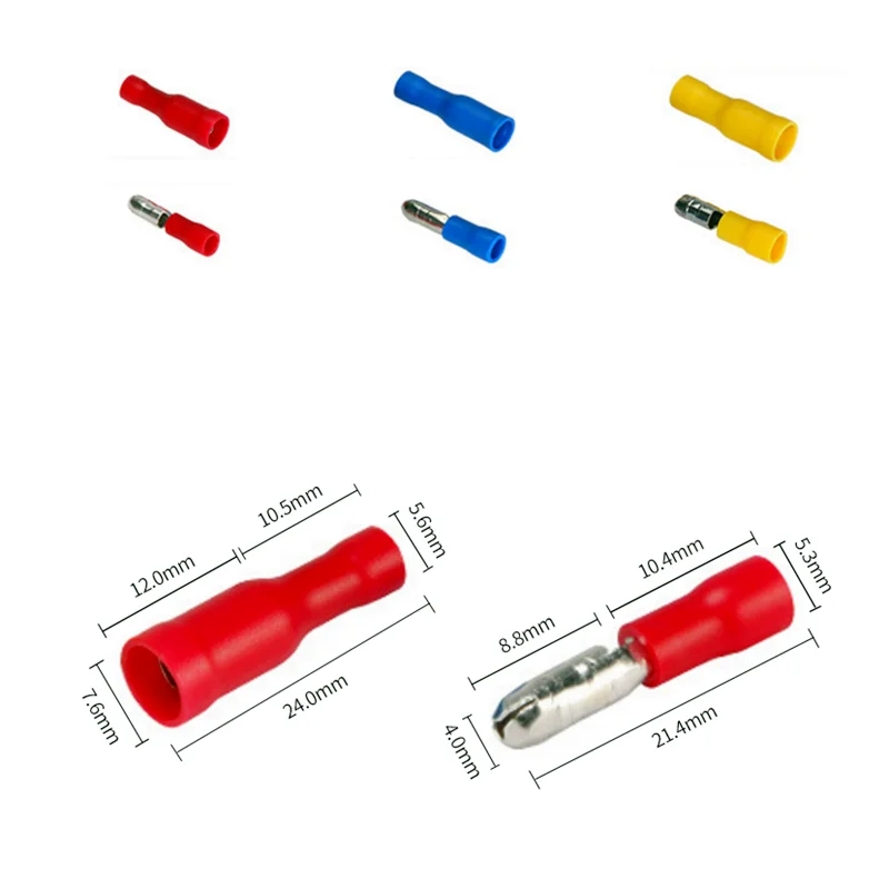 100-150pcs Box-Packed,Butt Crimping Terminal,Bullet Type Lnsulated Electrical Connector,Female and Male Wire Connector,Brass