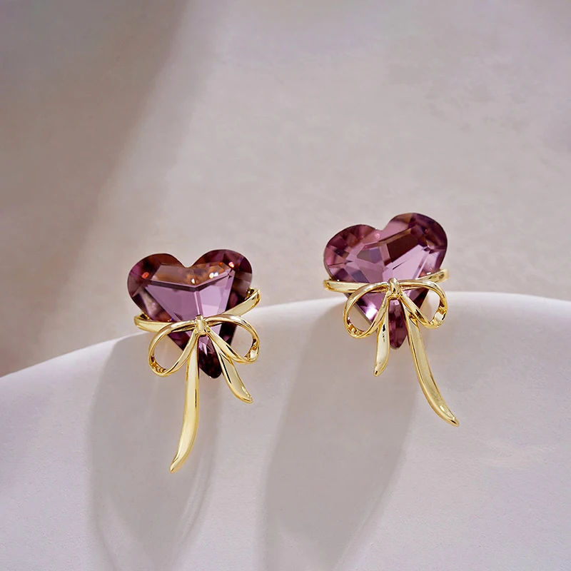Purple Crystal Heart Bow Stud Earrings for Women New Fashion Elegant Exquisite Romantic Sweet Girls Party Trendy Jewelry Gifts