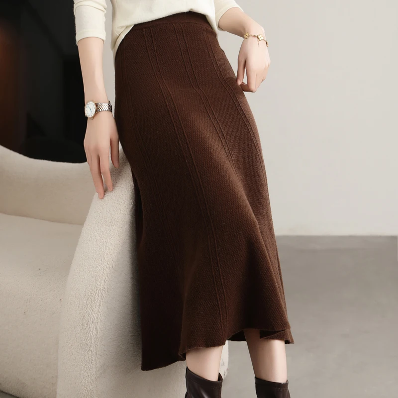 100% Merino Wool High Waist Skirt Autumn/Winter New Knitted A-line Skirt Loose Fashion/Elegant Women's Half Body Skirt HOT SALE