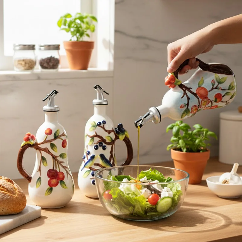 Decorative Olive Oil Dispenser Bottle with Handle,Kitchen Ceramic Oil Vinegar Bottle Seasoning Bottle with Stainless Steel Spout
