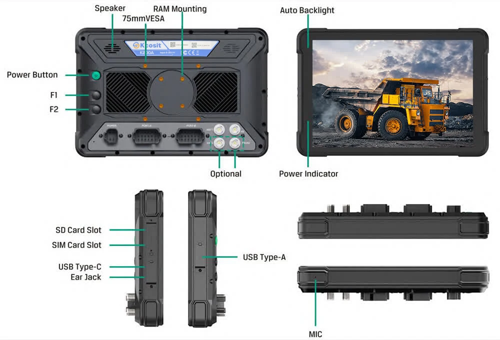 Kcosit K200A прочный встроенный компьютер Android Тракторные планшеты для транспортных средств 10 дюймов 1000 Nits Qualcomm RTK GNSS CANBUS без батареи