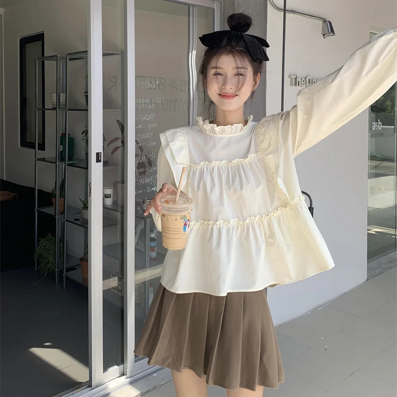 Women Blouse Patchwork Pleated Loose Female All-match Ruffled Sweet Designed Solid Short Causal Autumn Korean Chic Elegant Youth