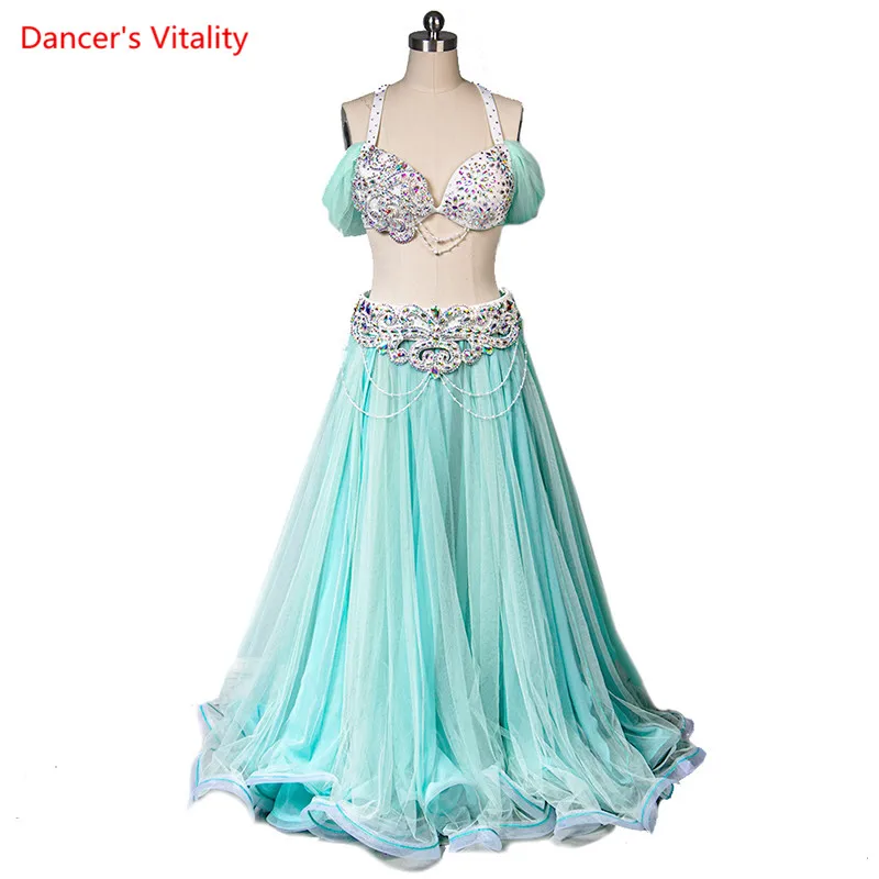 Belly Dance Suit Shiny Diamond Bra Mesh Big Swing Skirt Performance Clothes Set High-End Custom Adult Child Competition Clothing