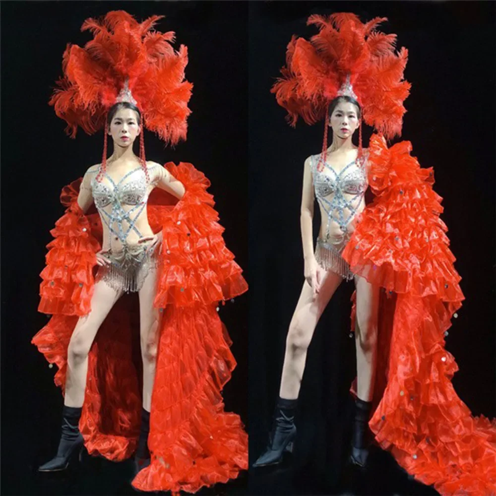 Rhinestone Bikini Pole Dance Clothes Red Pleated Coat Dancer Stage Costume Nightclub Gogo Dance Outfit Festival Clothing yj