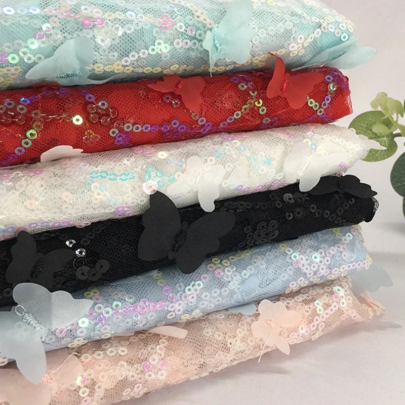 100x130cm 3D Butterfly Sequins Mesh Fabric High Quality Laser Embroidery Sequin Tulle Fabric DIY Dress Shawl Sewing Cloth