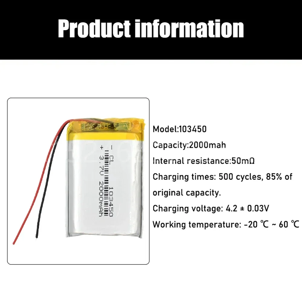3,7 В 2000 мАч 103450   Липо-полимерная литиевая аккумуляторная батарея для GPS-навигатора MP5 GPS Bluetooth-динамик, гарнитура, электронная книга, камера