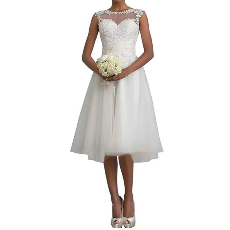 wishNew style wedding dress, lace, simple, short, sleeveless wedding dress