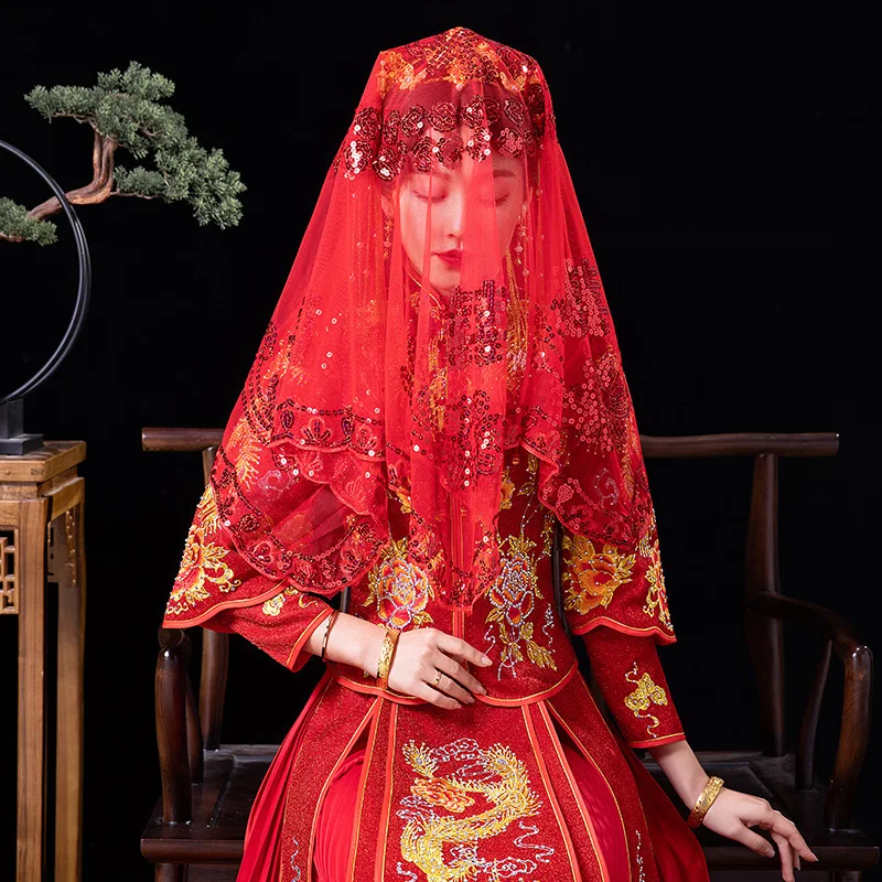 

Красная свадебная фата, полупрозрачная, из высококачественного кружева, в китайском стиле, новая модель, закрывающая голову невесты