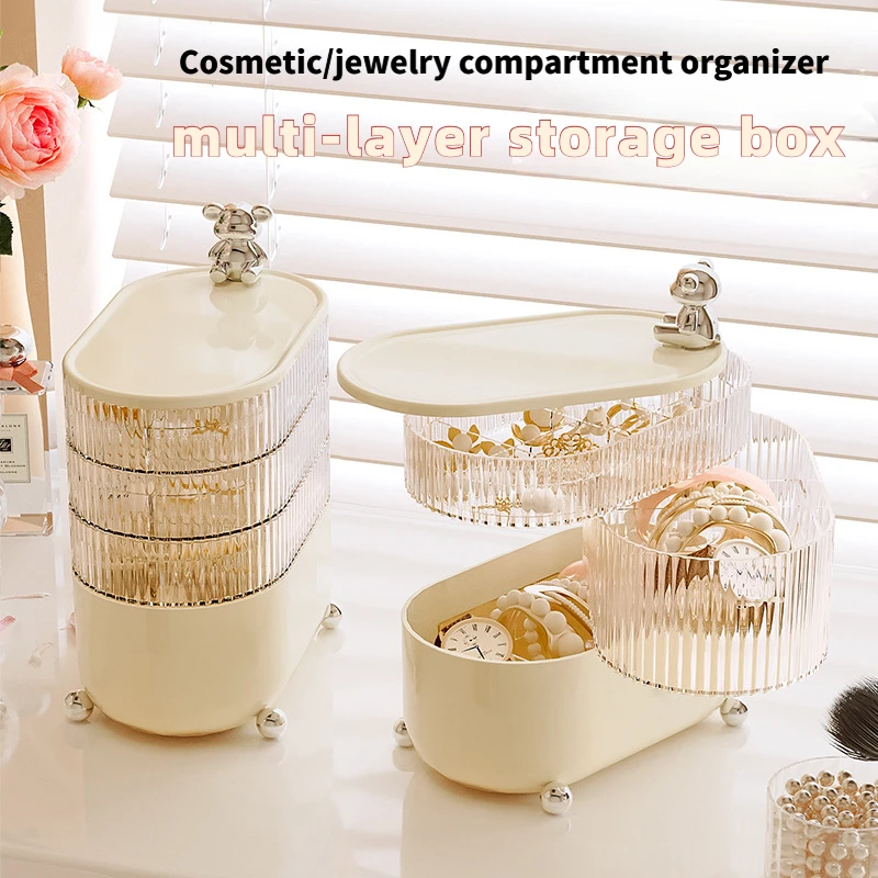

Вращающаяся коробка для хранения ювелирных изделий, 3/4-слойный прозрачный органайзер для косметики большой емкости с отделениями, пылезащитный домашний шкаф для хранения
