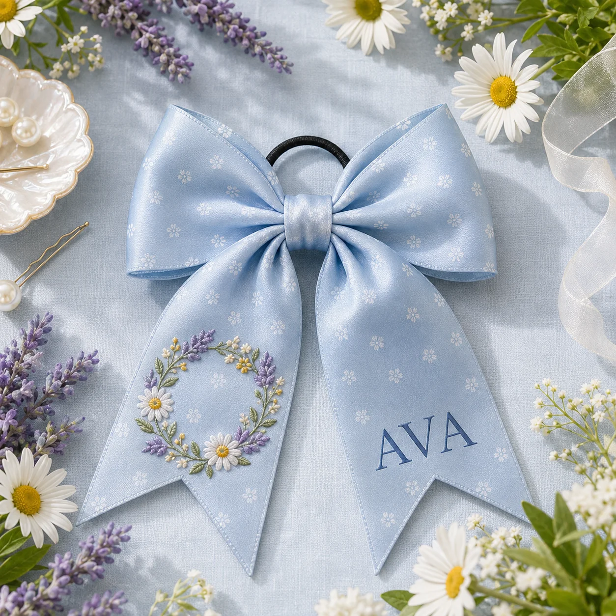 Satin Bow Tie - Individuell bestickte Satinschleife Haargummi mit personalisiertem