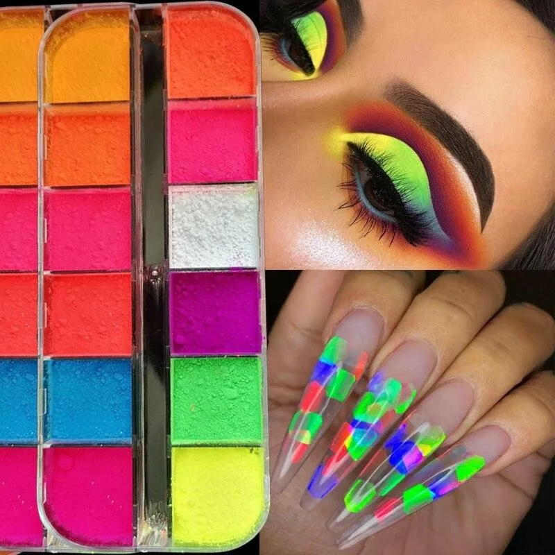 12 Colors Phosphor Fluorescent Neon Pigment Eye Shadow Makeup Palette Shine Shimmer Face Body Nail