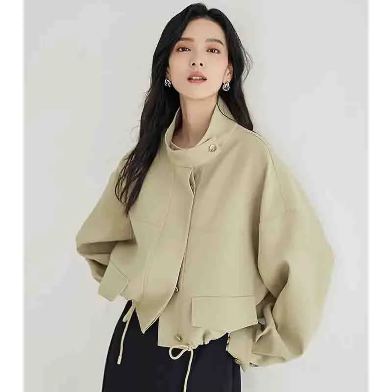 

2024 Autumn Attire Women Loose Fit Stand-up Collar Drawstring Tops Jacket Female Advanced Sense Commuting Short Windbreaker Coat