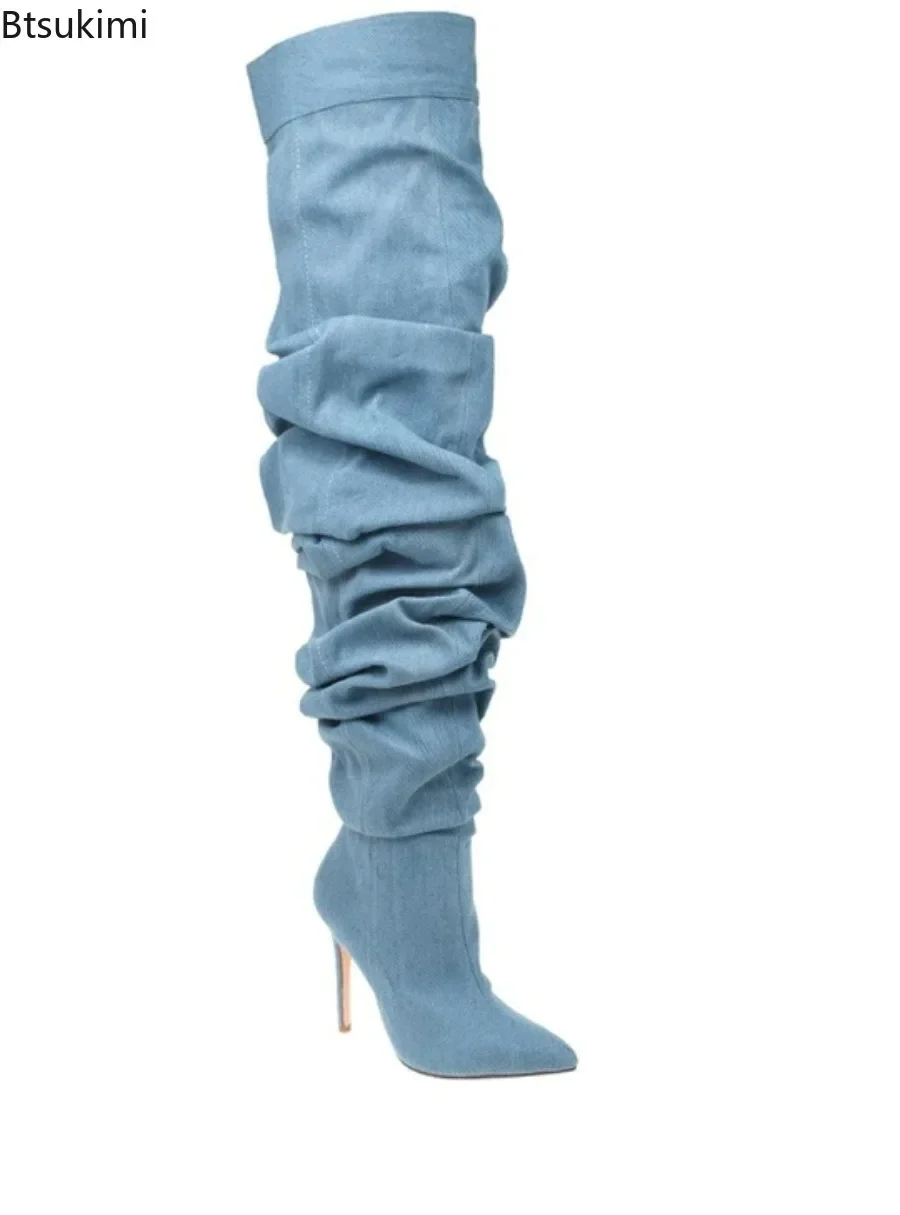 2024 Women\'s Sexy Denim Thin Heeled Knee Boots Western Cowboy Long Booties Female Slip on Ladies Over The Knee High Stack Boots