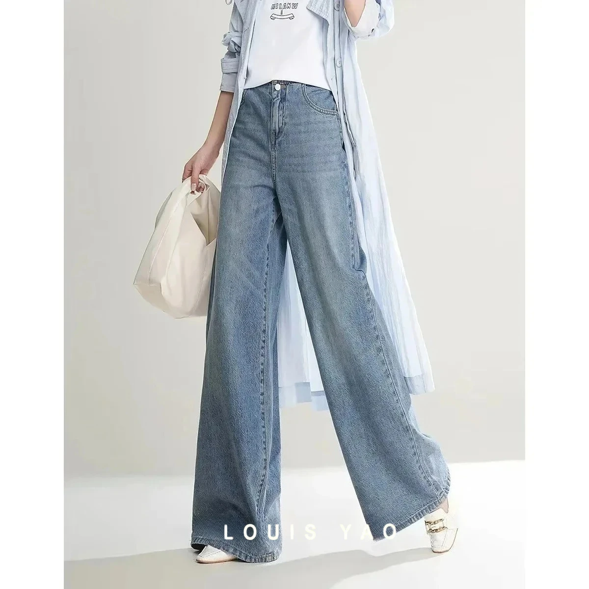 

One-button Retro Washed Long Jeans High-waisted Fashion Casual Wide-legged Non-stretch Straight Women's Jeans Female Clothing