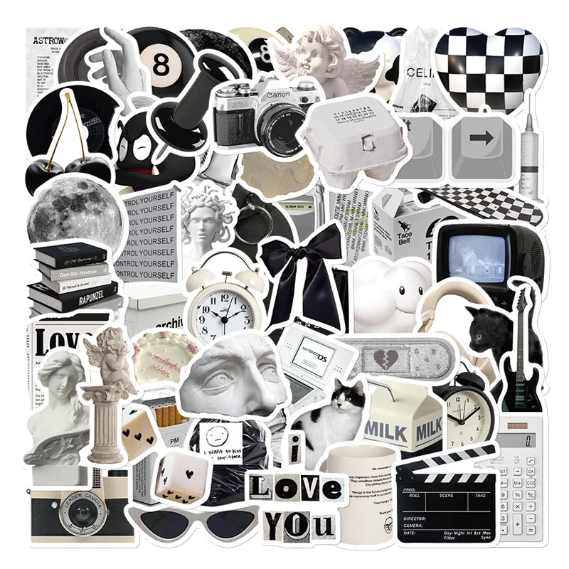 50PCS Adesivos Estilo Apathy Preto e Branco Simples DIY para Telefone, Guitarra, Laptop, Caderno, Mala, Garrafa de Água, Adesivos Impermeáveis