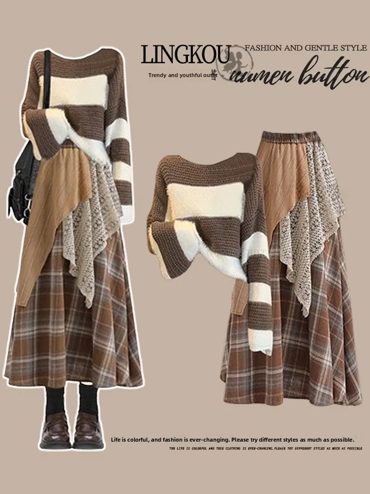 

Large Size Autumn Winter Knitted Sweater And Plaid Skirt Set Women's Retro Striped Design Sense Two Piece Suit