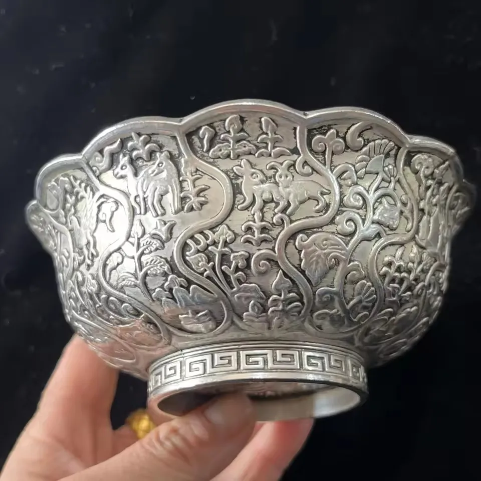 Silver Flower Bowl Collection Embossed Flower Pattern Bowl Home Decoration Crafts Ornaments Tibetan Silver Lace Bowl