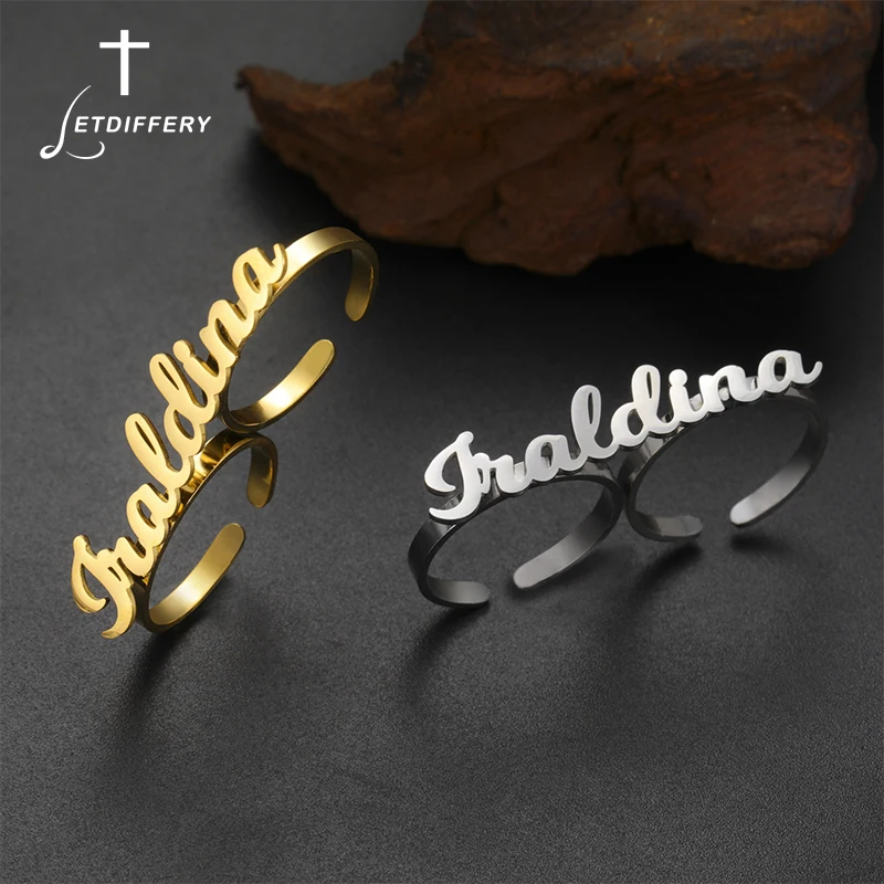 Letdiffery Personalized Custom Name Two Finger Ring for Women Stainless Steel Adjustable Double Band Nameplate Ring Jewelry Gift
