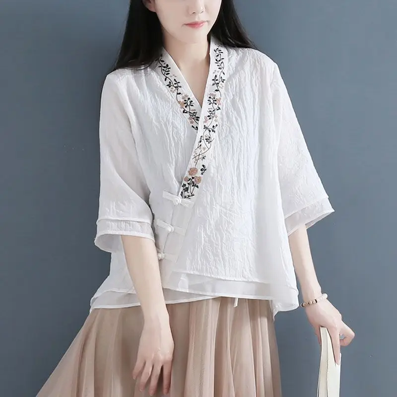 Summer New Ethnic Style Vintage Cotton and Linen Shirt Female Patchwork Fake Two Pieces Embroidered Loose Casual All-match Tops