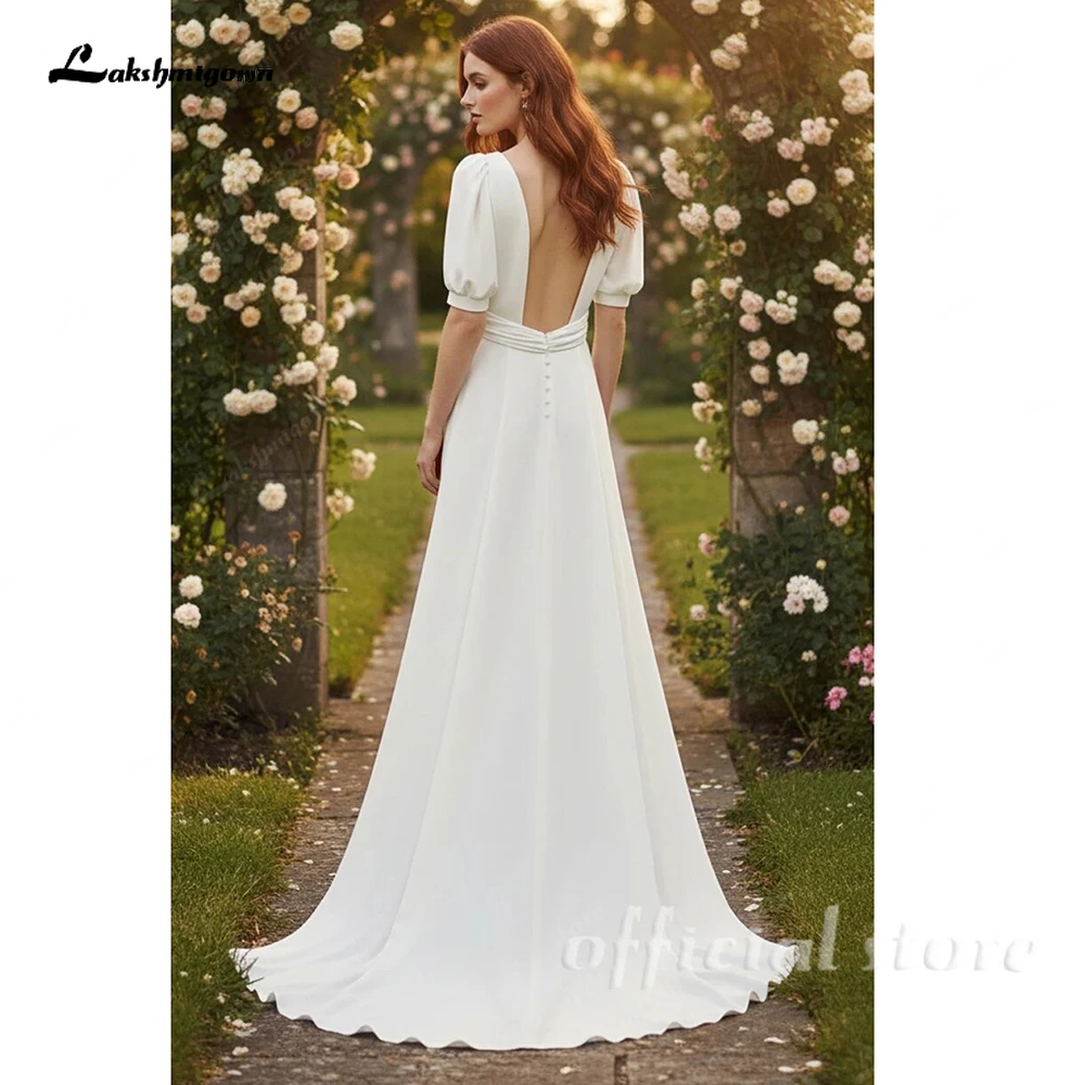 Lakshmigown Minimalistisches V-Ausschnitt-Kleid mit kurzen Puffärmeln, Boho-Schlitz-Brautkleid, zivile Damen-Hochzeitskleider, maßgeschneidert – Detail 6
