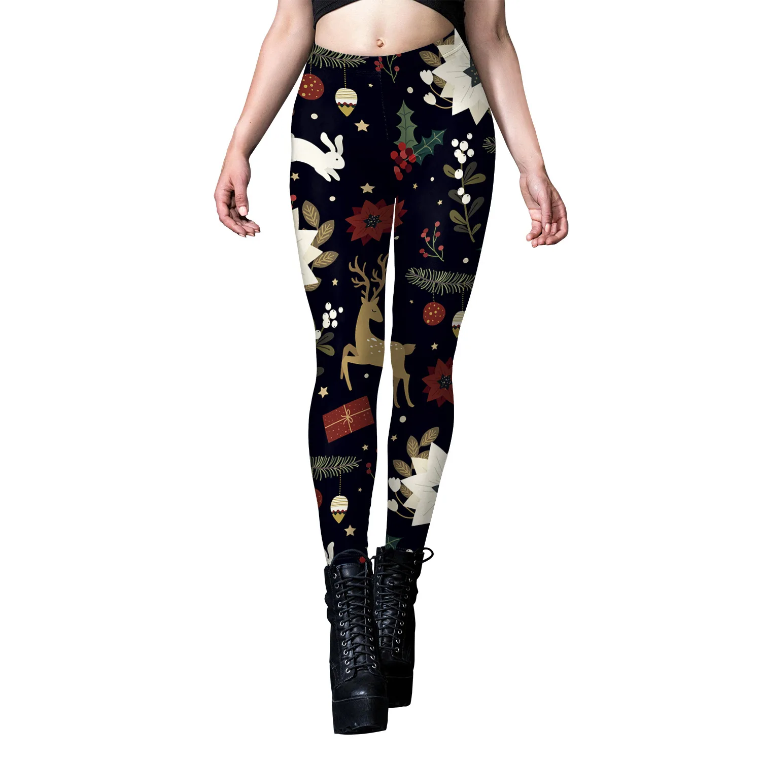 Zawaland Red Leggings Women\'s Belt Mid Waisted Workout Christmas Elk Snowflakes 3D Printing Leggins Printed Fitness Leggings