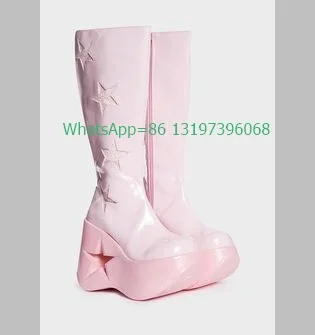 Lady Pink Five-Pointed Star Cut-Out Heel Boots Metallic Pu White Mary Janes Y2K Design Elegant Boots Platform Footwear Size 3546