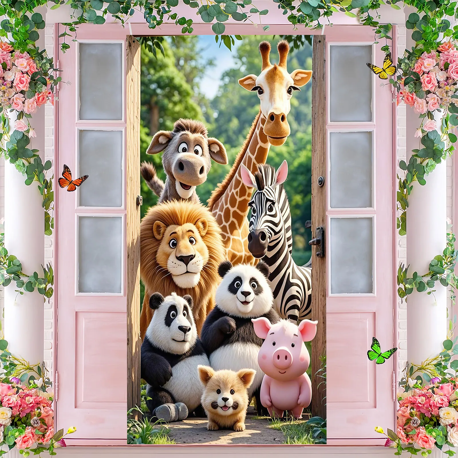 Spring-Summer Door Banner - Cartoon Forest Animals, Polyester, 35x70