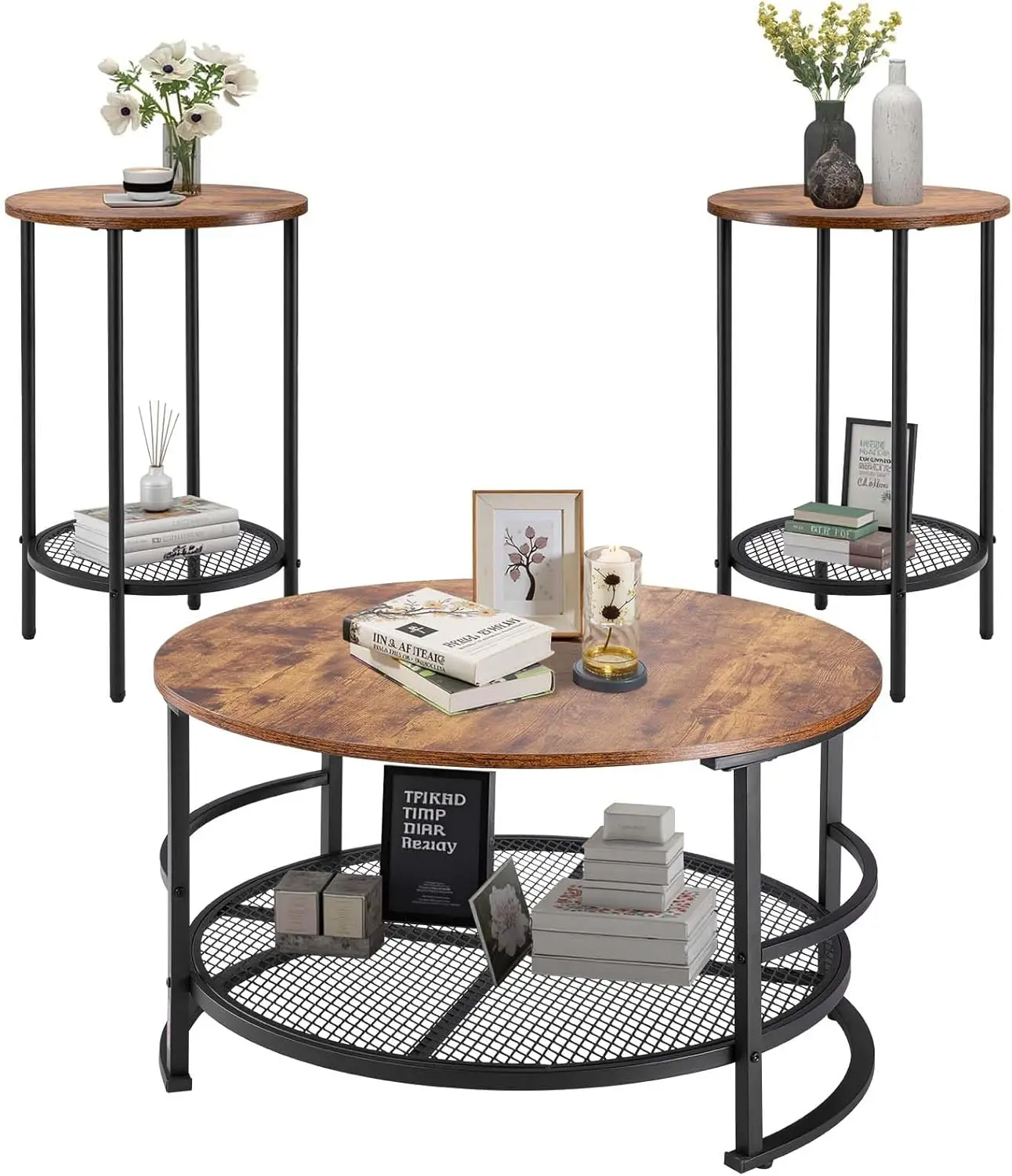 

3-Piece Round Coffee Table Set with Metal Legs, Industrial Style for Living Room, Office & Apartment, Easy Assembly