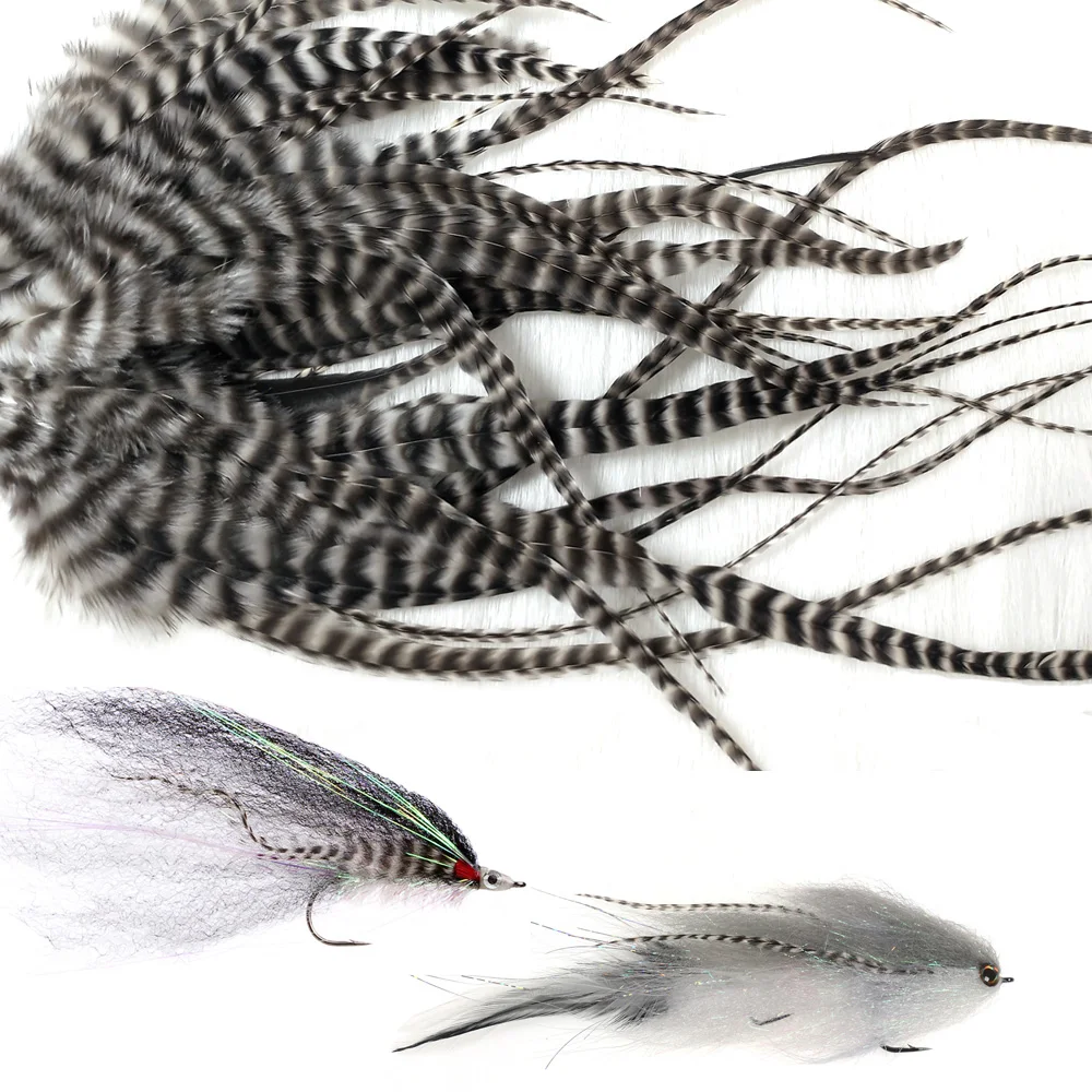 10 Stück Natürliche Schwarz-Weiße Fliegenbinde-Materialien: Sattelhackle-Feder, Grizzly-Hahnenhaar-Feder zum Binden von Woolly Buggers und Streamern