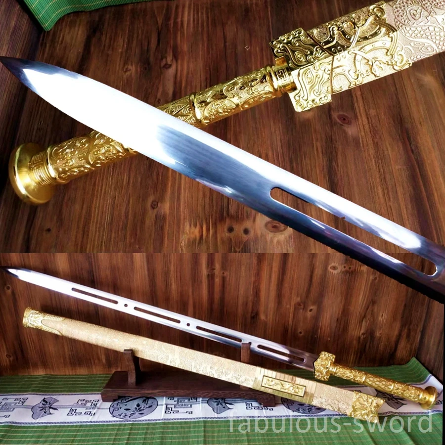 Gold Dragon Chinese Combating Han Sword Dynasty Double Edged hollow out Sharp