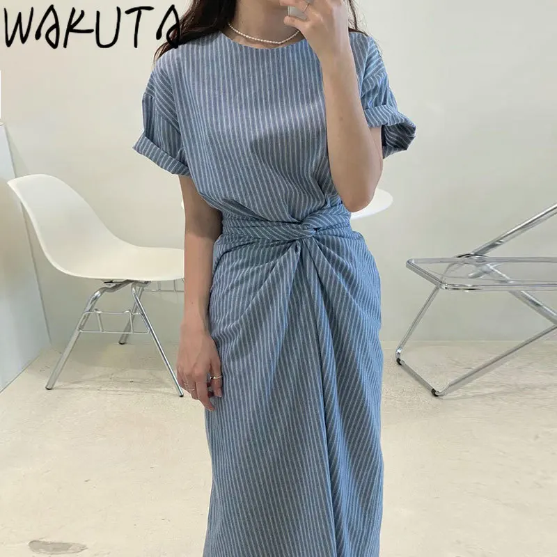 

WAKUTA Irregular Twistknot Women Dress Summer 2024 Striped Ladies Maxi Dresses Short Sleeve Vintage Fashion Casual