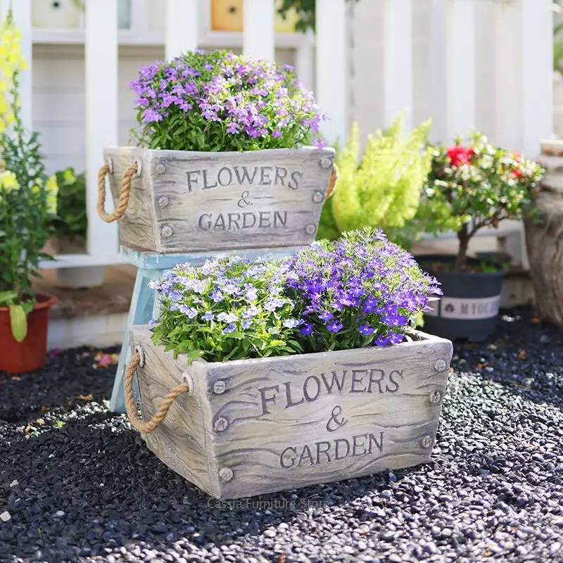 Large Rectangular Planter for Garden, European Vintage Flower Box for Balcony, Rustic Cement-Like Container for Courtyard Home