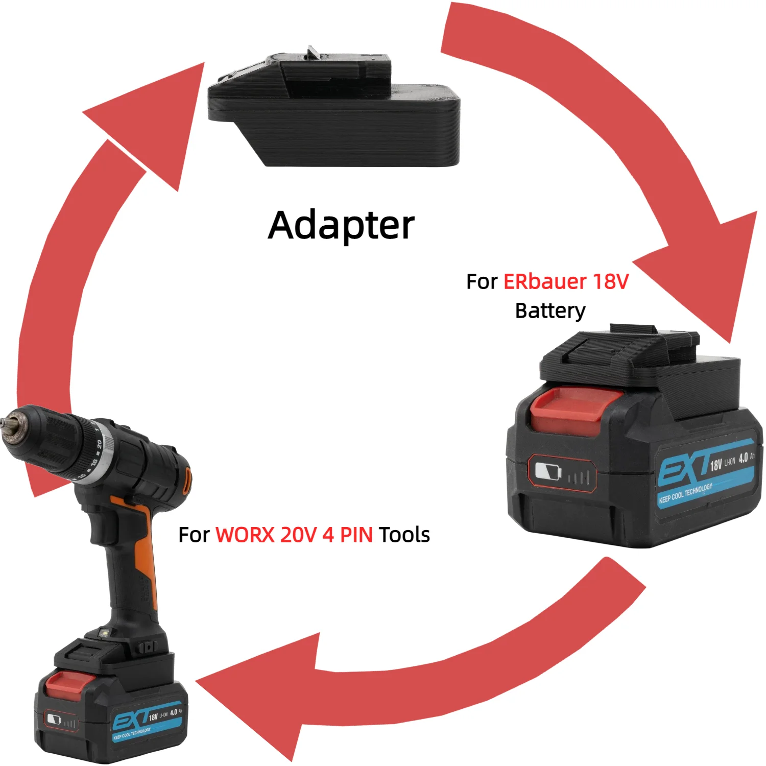 

Battery Adapter/Converter for ERbauer EXT 18V Lithium Ion Battery TO WORX 20V 4 PIN Cordless Power Tools(Only Adapter)