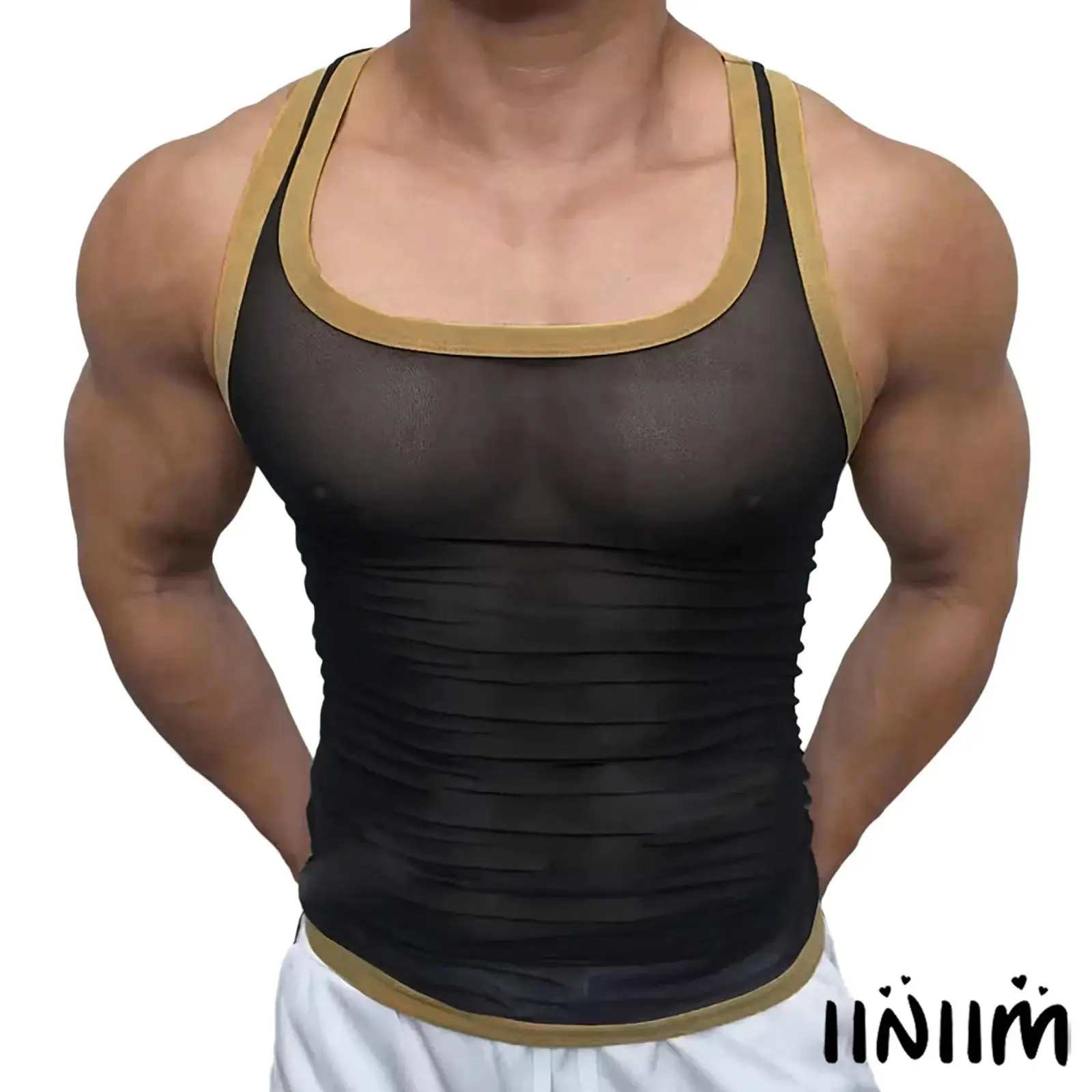 الرجال تنفس انظر من خلال شبكة الرياضة تانك الأعلى U الرقبة أكمام التباين اللون تقليم سترة رياضية للياقة البدنية كمال الاجسام