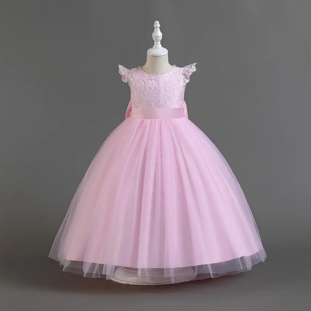 New Princ Long Dr for Girls Birthday Par  Knot Tulle Skirt Flower Girl Costume Wedding Dr Children's Clothes