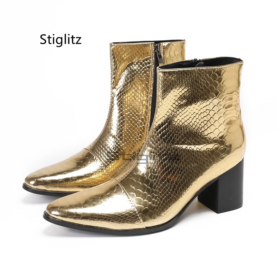 

Gold Snake Prints Chelsea Ankle Boots for Men Retro Genuine Leather High Heeled Men's Boots Luxury Design Zip Winter Shoes