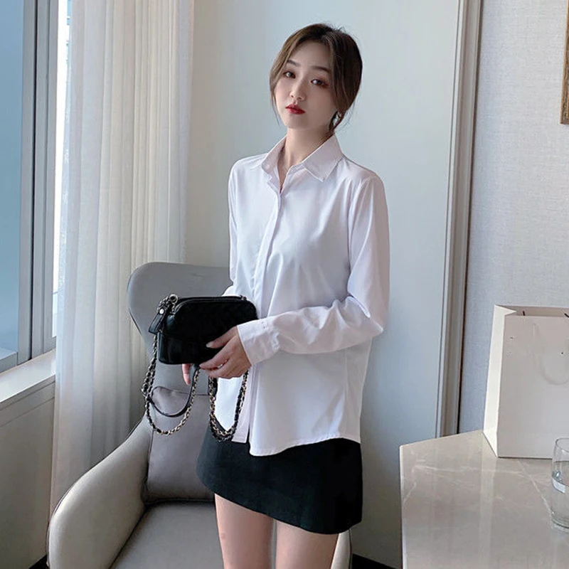 Camisas de estilo coreano para mujer, blusa informal de manga larga con cuello vuelto para oficina, color blanco y negro, novedad de verano, 2024