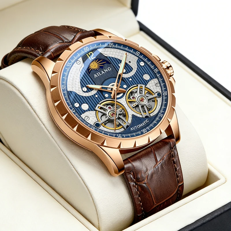 

Мужские часы AILANG Rose Gold 2 Tourbillon, автоматические механические, с кожаным ремешком, с функцией фазы луны, роскошные, скелетонизированные