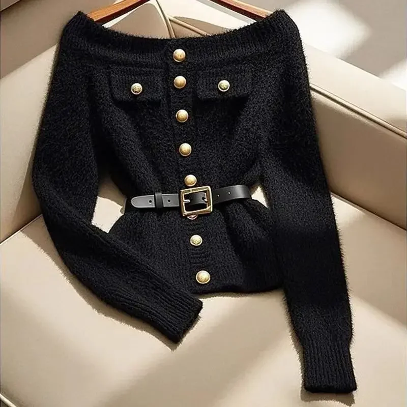 秋の新作ブラックカーディガン レディース 韓国ファッション スラッシュネック カシミヤ レディースセーター ボタン スリムウエストベルト ニットウェア