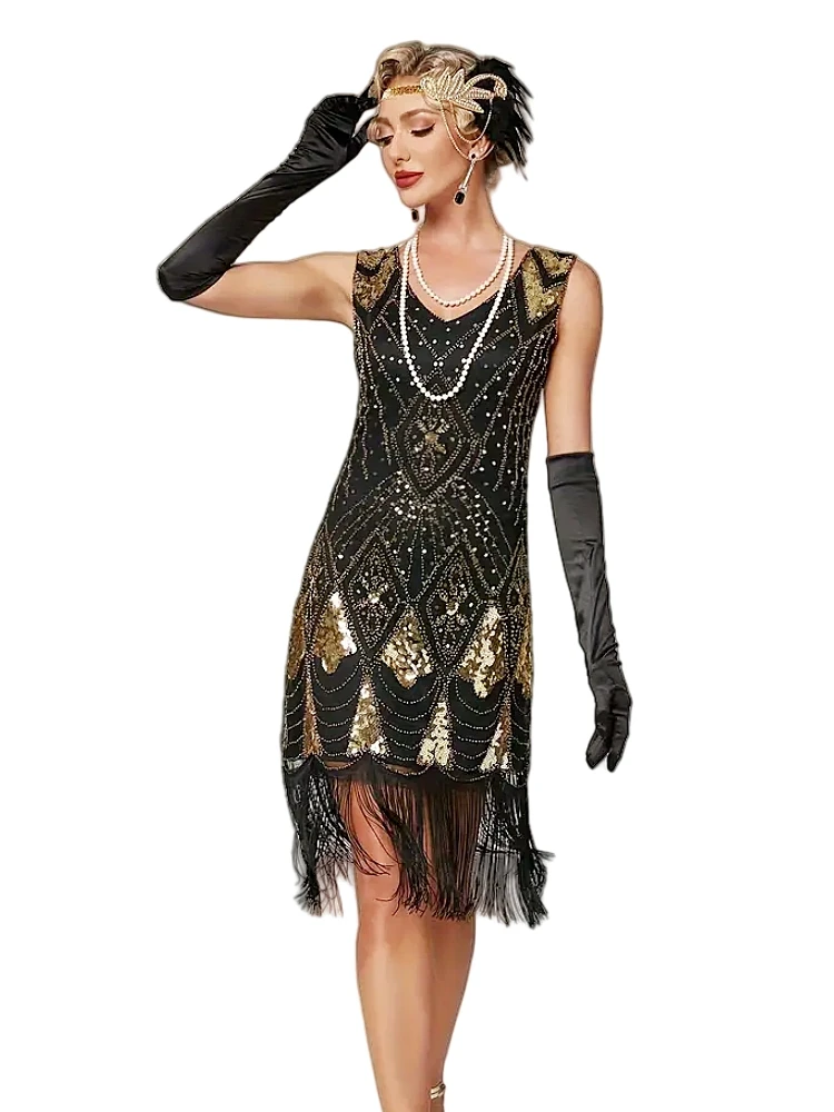 

Roaring 20s Great Gatsby Dress 1920s Flapper Dress Vintage Evening Party Gown Embellished Sequin Tassel Midi Dress