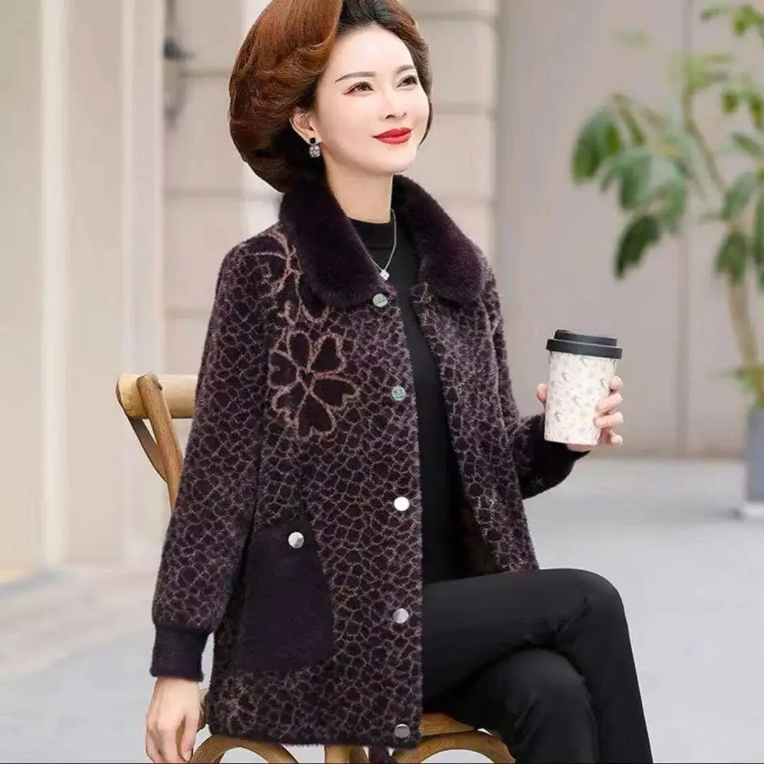 Autumn Winter thick Coat Women's Fattened High-End Double-Sided Mink Velvet Big Fur Collar Mid-Aged And Elderly Mother New Coat