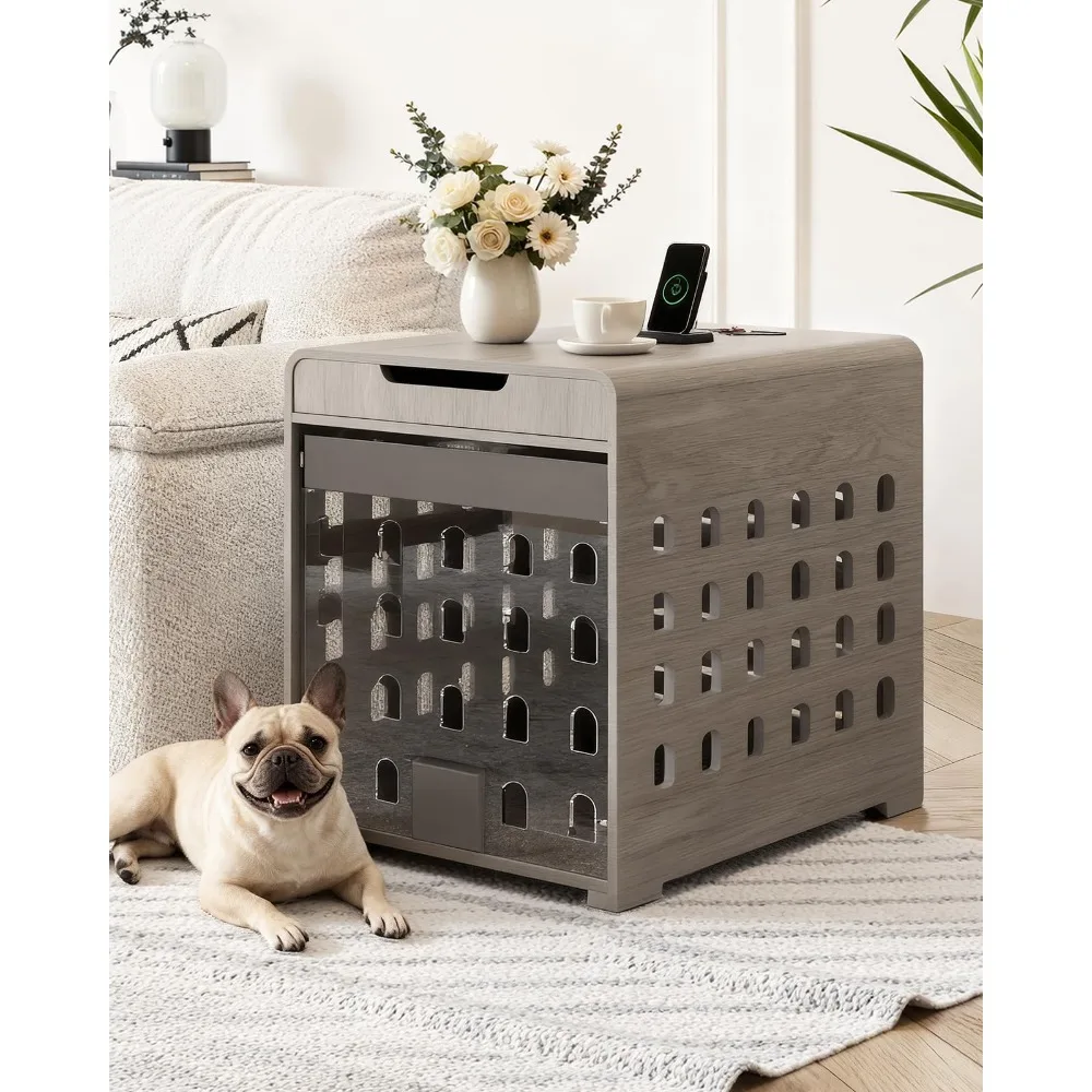 Modern Dog Crate Furniture with Charging Station Medium Kennel Indoor with Flip-up Hidden Acrylic Door for Small and